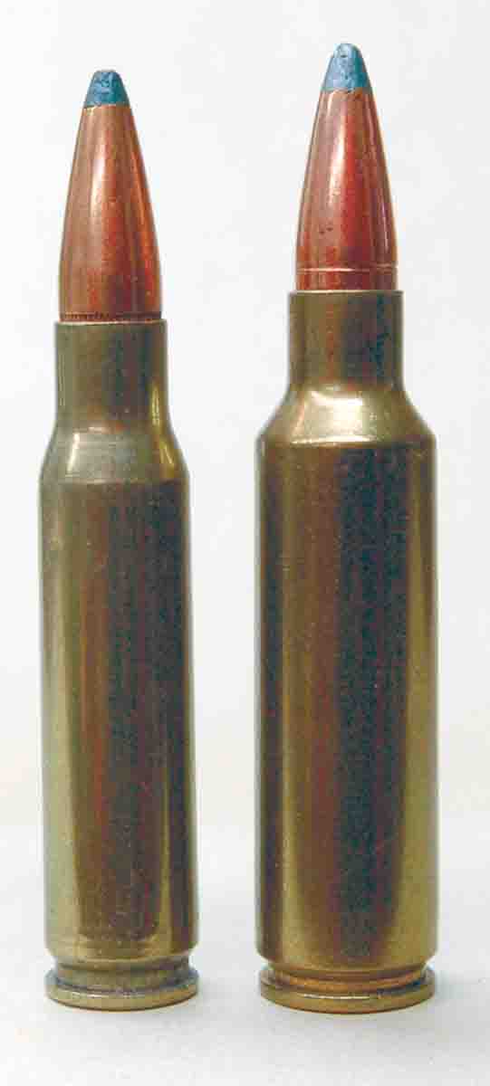 The .308 Winchester (left) and .300 WSM (right) both fit into .308-length bolt actions.